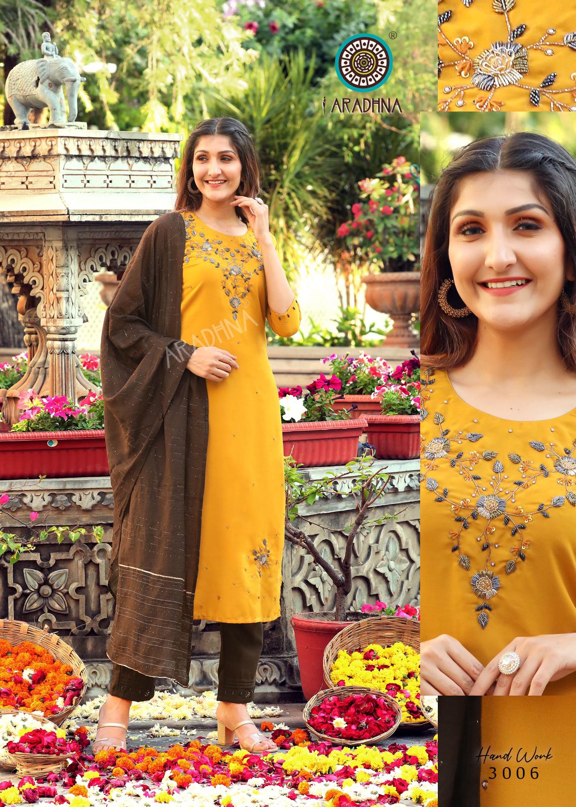 Aradhna Hand Work 3 Heavy Stylish Party Wear Kurti With Pant And Dupatta Readymade Collection